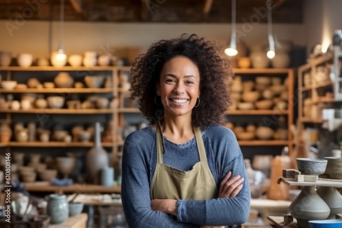 Portrait of smiling young female potter standing with arms crossed in pottery studio