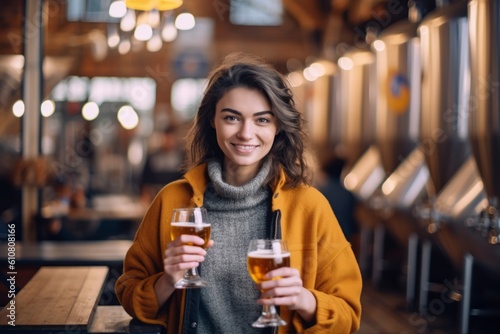 Medium shot portrait photography of a cheerful woman in her 30s that is wearing a cozy sweater against a bustling brewery with craft beer production background .  Generative AI