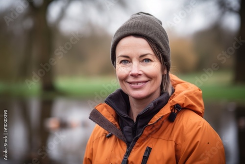 Portrait of a smiling woman in a warm winter jacket in the park