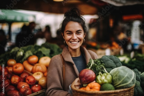 Medium shot portrait photography of a cheerful woman in her 30s that is wearing a cozy sweater against a vibrant and lively farmer s market with seasonal produce background .  Generative AI