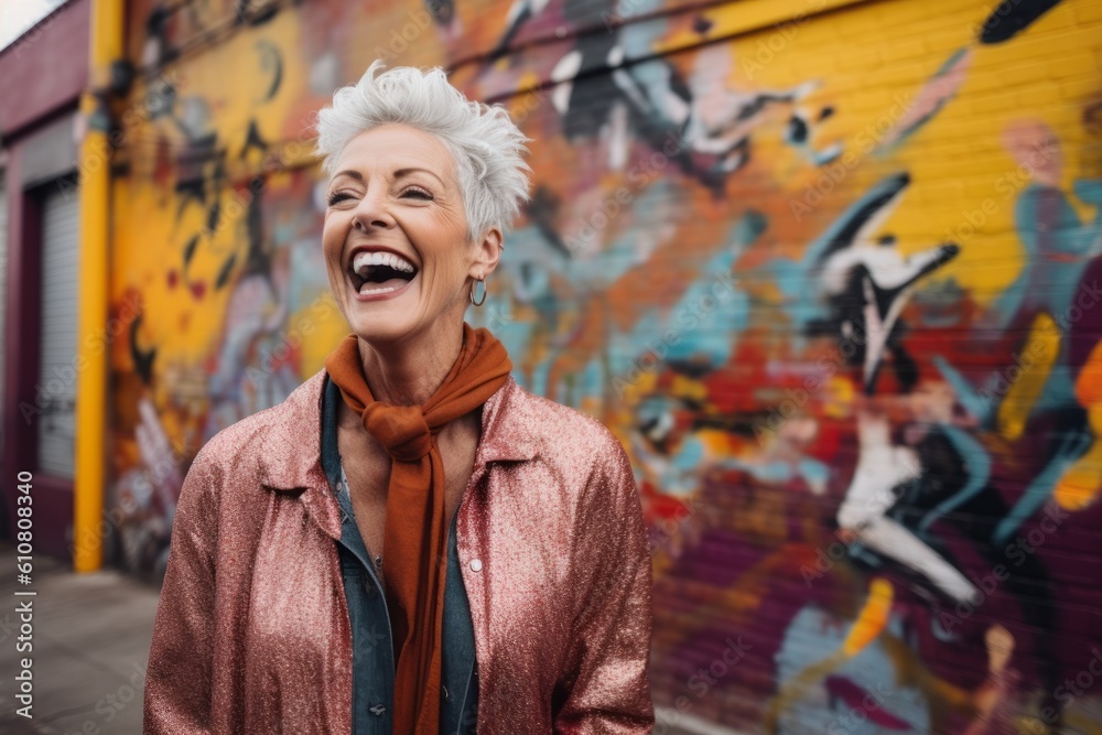 Medium shot portrait photography of a cheerful woman in her 50s that is wearing a chic cardigan against an urban street art mural with a crowd gathered background . Generative AI