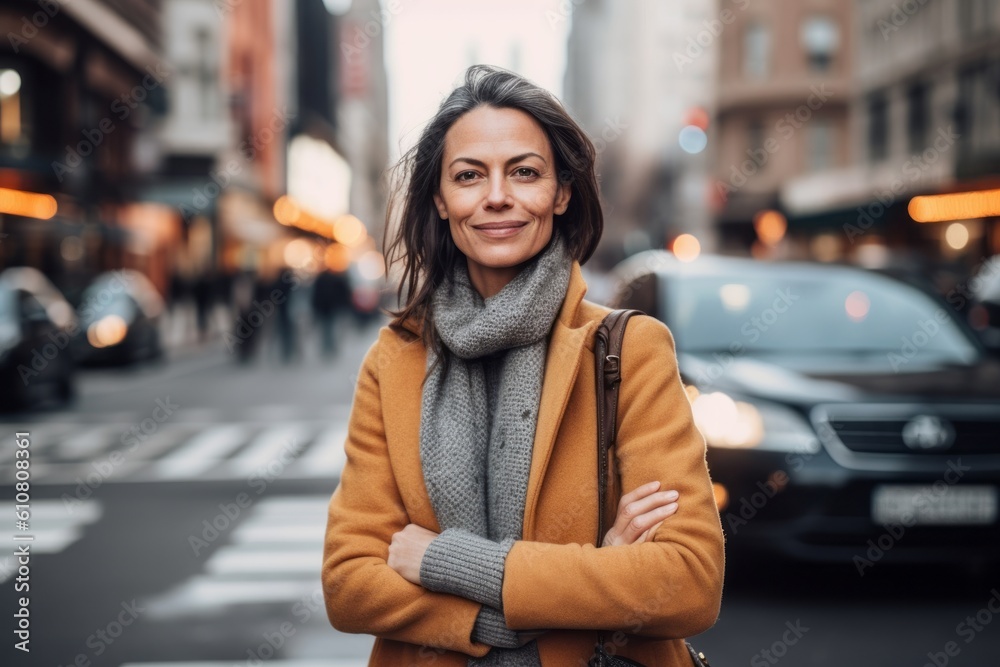 Portrait of a happy young woman crossing the street in the city Portrait of a happy young woman crossing the street in the city