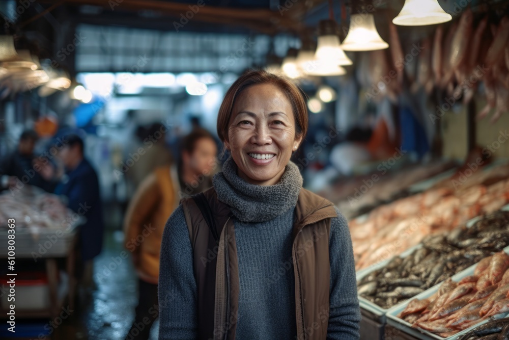 Naklejka premium Portrait of smiling mature Asian woman standing at fish market in Bangkok, Thailand