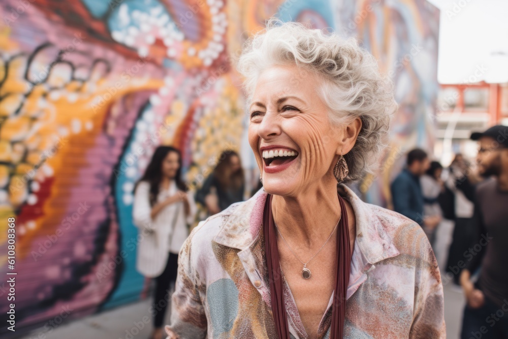 Medium shot portrait photography of a cheerful woman in her 50s that is wearing a chic cardigan against an urban street art mural with a crowd gathered background .  Generative AI