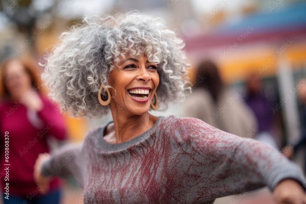 Portrait of happy senior woman with curly hair dancing in amusement park Portrait of happy senior woman with curly hair dancing in amusement park