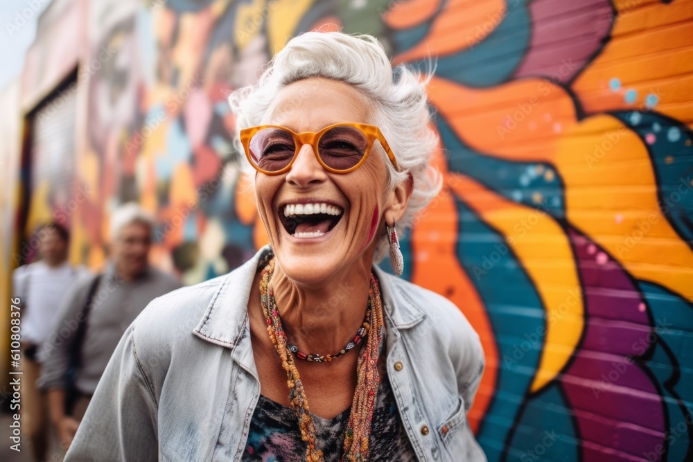 Medium shot portrait photography of a cheerful woman in her 50s that is wearing a chic cardigan against an urban street art mural with a crowd gathered background . Generative AI