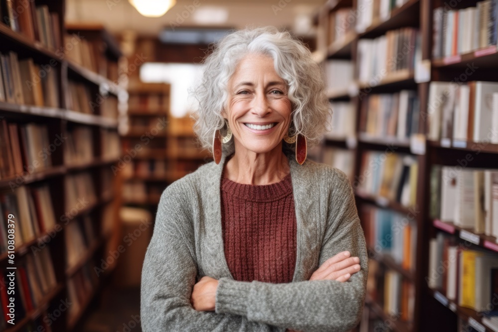Portrait of smiling senior woman standing with arms crossed against bookshelves in library Portrait of smiling senior woman standing with arms crossed against bookshelves in library
