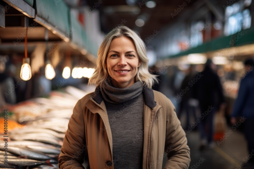 Portrait of smiling mature woman standing in fish market and looking at camera