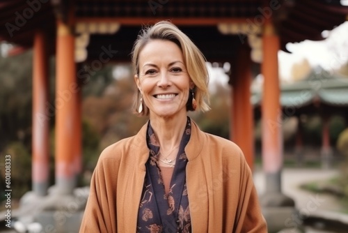 Portrait of a beautiful mature woman smiling at the camera while standing outdoors