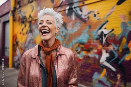 Obraz na płótnie Medium shot portrait photography of a cheerful woman in her 50s that is wearing a chic cardigan against an urban street art mural with a crowd gathered background . Generative AI w salonie