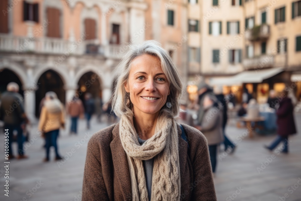 Portrait of smiling middle-aged woman in the street of Venice, Italy Portrait of smiling middle-aged woman in the street of Venice, Italy