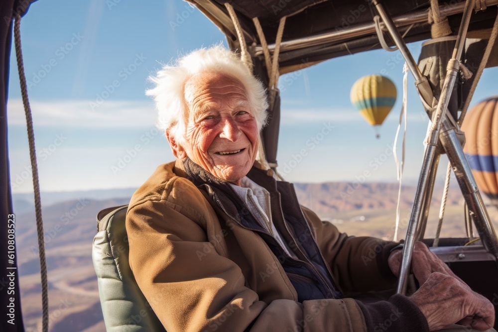 Senior man driving a hot air balloon in the desert of Utah.