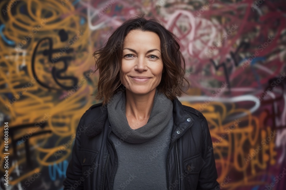 Naklejka premium Portrait of a beautiful mature woman smiling at the camera against graffiti wall