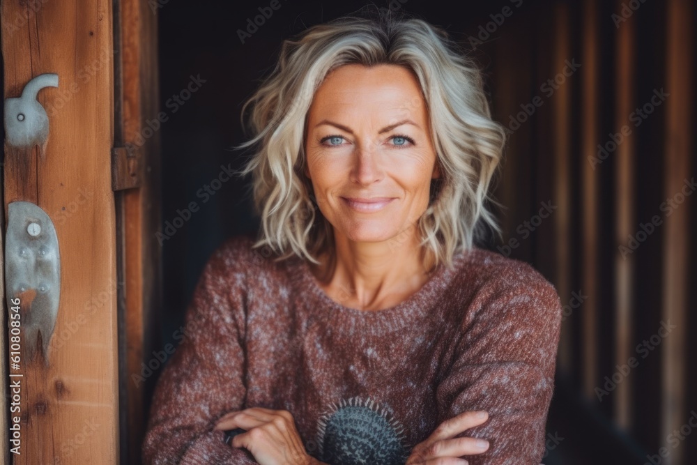 Portrait of mature woman standing in front of wooden door at home Portrait of mature woman standing in front of wooden door at home