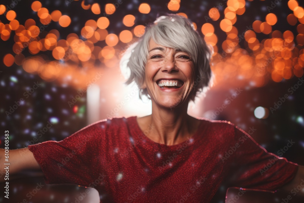 Portrait of smiling senior woman in red sweater against bokeh lights Portrait of smiling senior woman in red sweater against bokeh lights