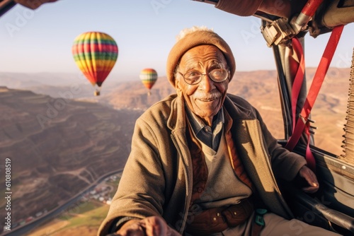 Medium shot portrait photography of a grinning 100-year-old elderly man that is wearing a chic cardigan against a panoramic view from a hot air balloon ride background . Generative AI
