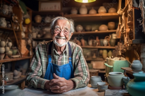 Medium shot portrait photography of a grinning 100-year-old elderly man that is wearing a chic cardigan against a traditional pottery studio with craftspeople at work background .  Generative AI