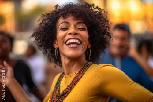 Close up portrait of a beautiful young african american woman with curly hair smiling and dancing in the street