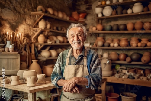 Portrait of a smiling senior potter standing in his pottery workshop