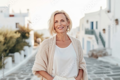 beautiful middle aged woman smiling at camera while standing on street in Greece