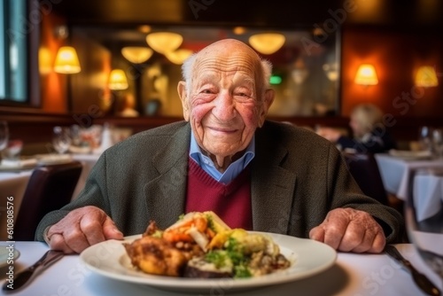 Elderly man having dinner in a restaurant with a plate of food