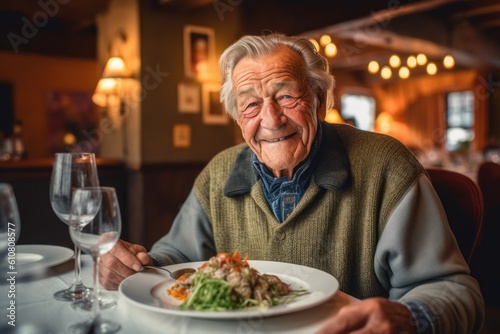 Portrait of senior man sitting at table in restaurant and eating salad