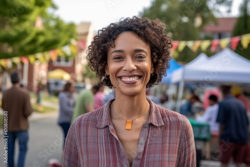 Portrait of smiling african american woman at street food festival