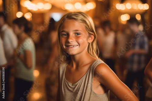 Medium shot portrait photography of a grinning child female that is wearing a casual t-shirt against an elegant ballroom with guests waltzing background . Generative AI