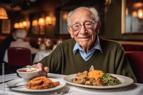 Medium shot portrait photography of a grinning 100-year-old elderly man that is wearing a cozy sweater against a beautifully plated gourmet meal being served background . Generative AI