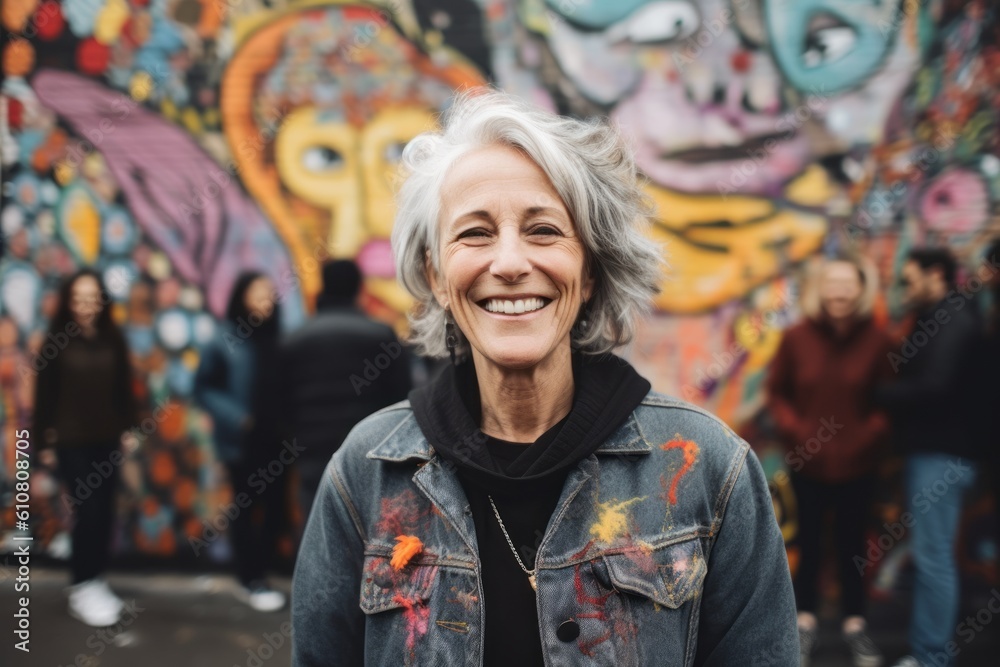 Portrait of a beautiful middle-aged woman with short gray hair in front of a graffiti wall