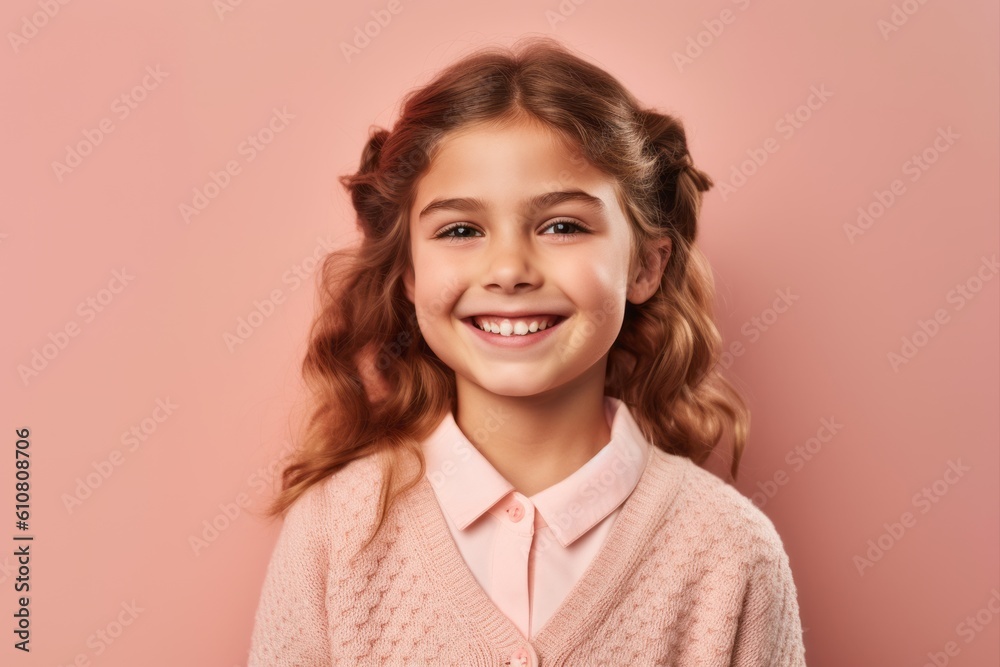 Portrait of a smiling little girl in a pink sweater on a pink background Portrait of a smiling little girl in a pink sweater on a pink background