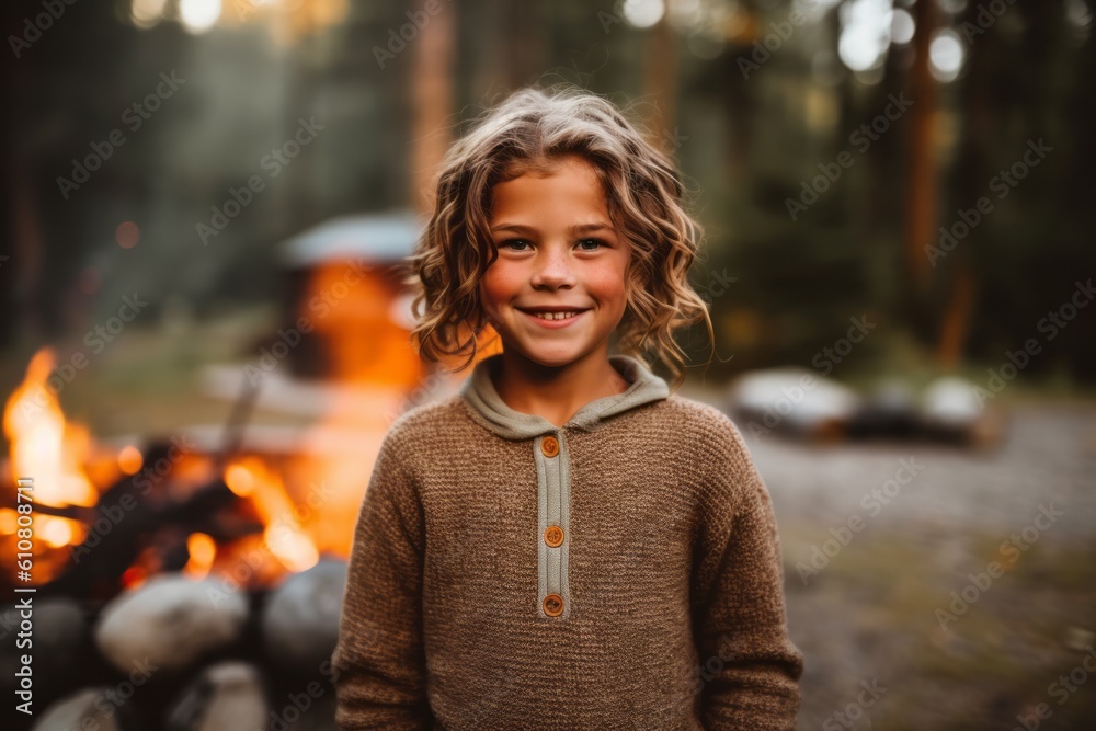Portrait of a smiling girl standing by the fire in the forest
