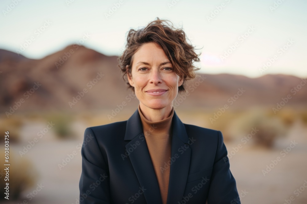 Medium shot portrait photography of a pleased woman in her 40s that is wearing a classic blazer against a desert background . Generative AI Medium shot portrait photography of a pleased woman in her 40s that is wearing a classic blazer against a desert background . Generative AI
