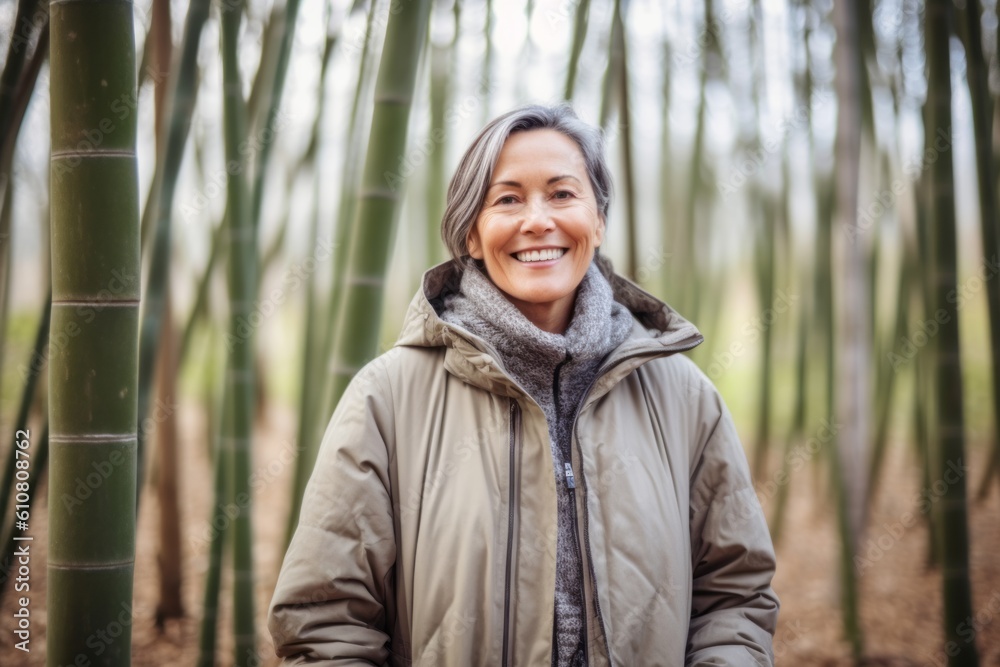 Portrait of a smiling senior woman standing in bamboo forest on a sunny day Portrait of a smiling senior woman standing in bamboo forest on a sunny day