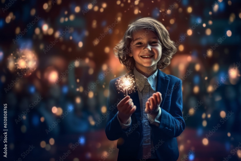 Medium shot portrait photography of a grinning child female that is wearing a classic blazer against a captivating magic show with illusionist and audience background . Generative AI
