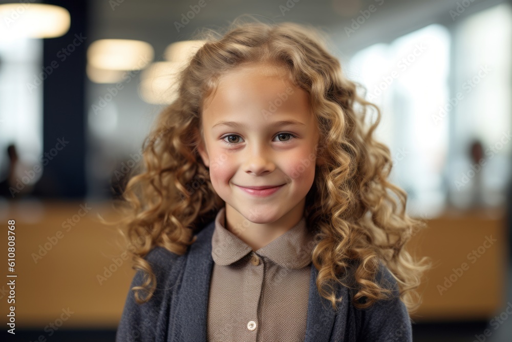 Portrait of cute little girl with curly hair smiling at camera in cafe