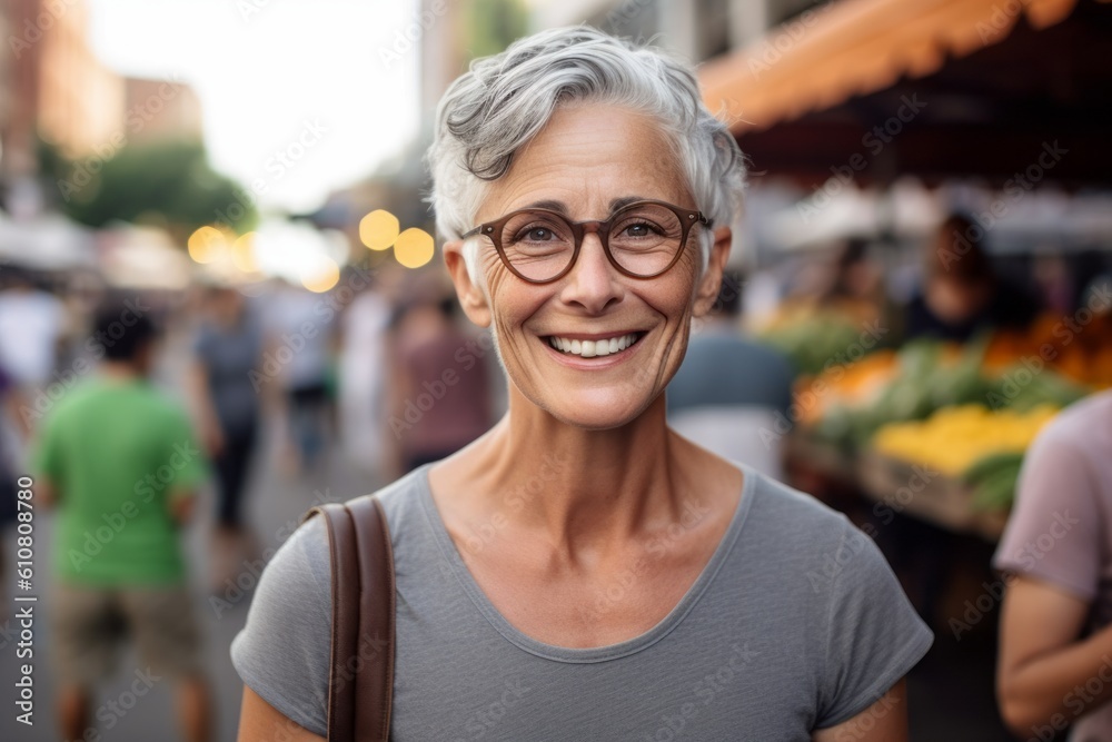 Portrait of smiling mature woman in eyeglasses at street market Portrait of smiling mature woman in eyeglasses at street market