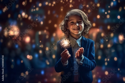Obraz na płótnie Medium shot portrait photography of a grinning child female that is wearing a classic blazer against a captivating magic show with illusionist and audience background . Generative AI w salonie