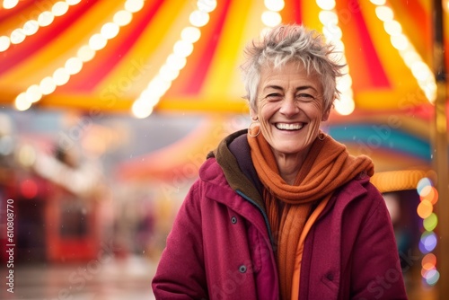 Medium shot portrait photography of a grinning woman in her 50s that is wearing a warm parka against a circus or big top background . Generative AI
