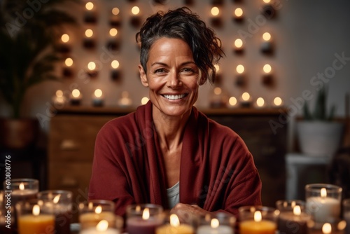Portrait of a smiling mature woman sitting in front of candles at home