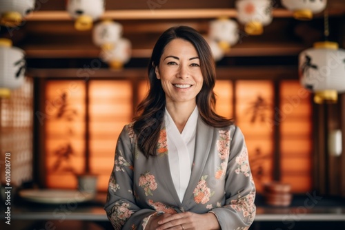 Portrait of a young woman in a Japanese traditional costume in a restaurant