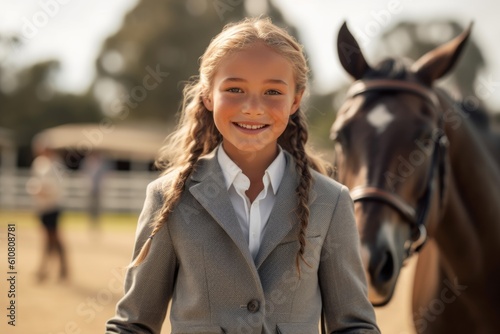 portrait of smiling little girl with black horse at horseback riding school © Eber Braun