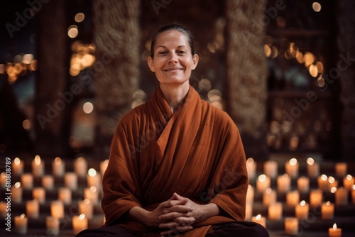 Portrait of smiling Buddhist monk sitting in lotus position with candles in background