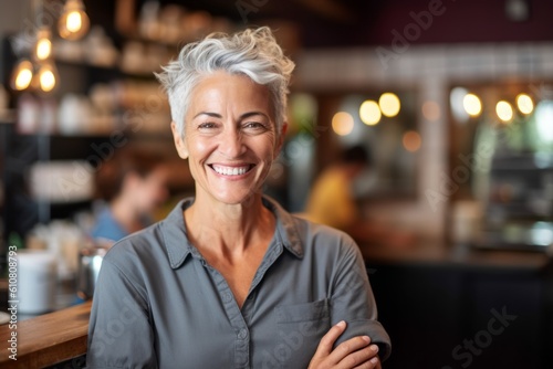 Portrait of smiling mature woman standing with arms crossed in coffee shop