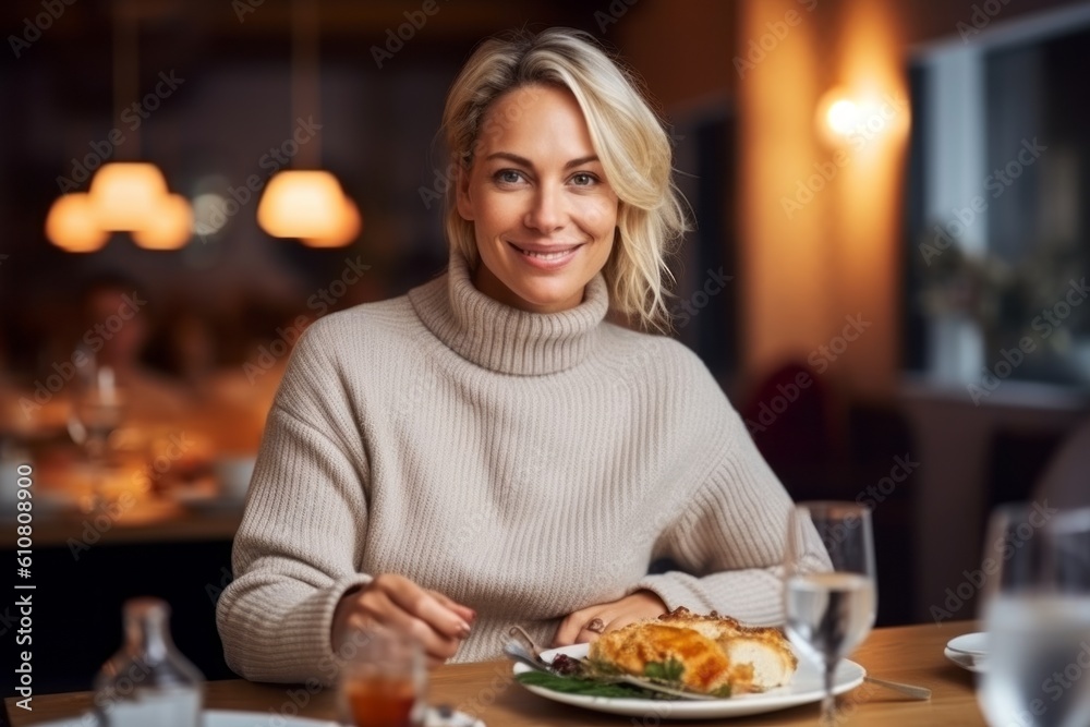 Portrait of smiling woman sitting at table in restaurant and looking at camera