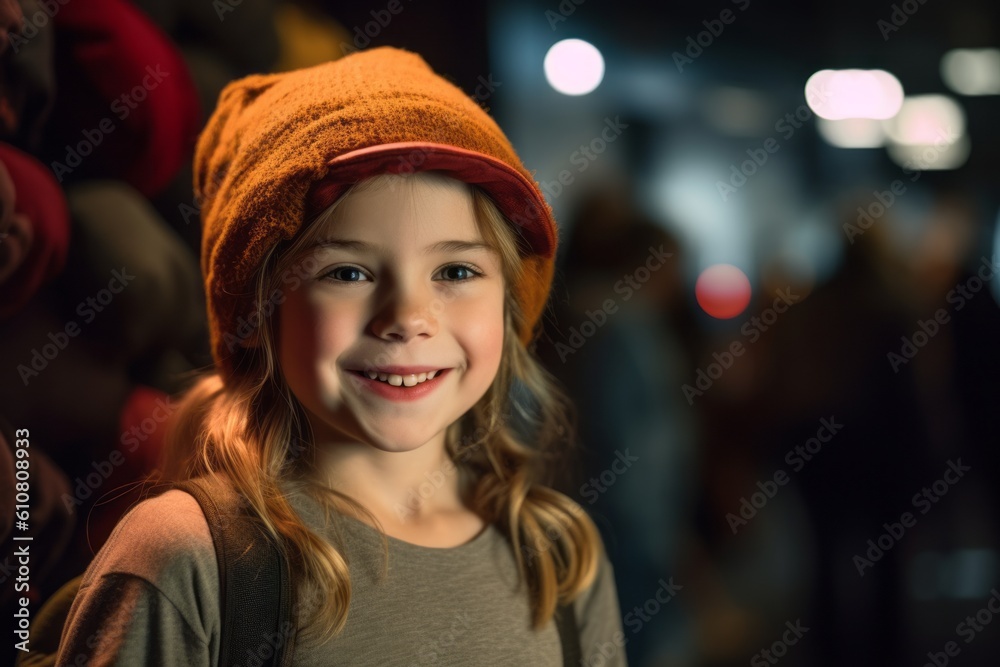 Portrait of smiling little girl in hat at night in the city