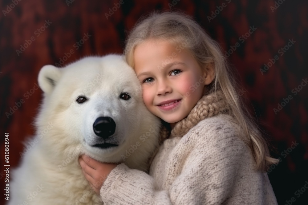 Cute little girl with a big white dog on a dark background Cute little girl with a big white dog on a dark background