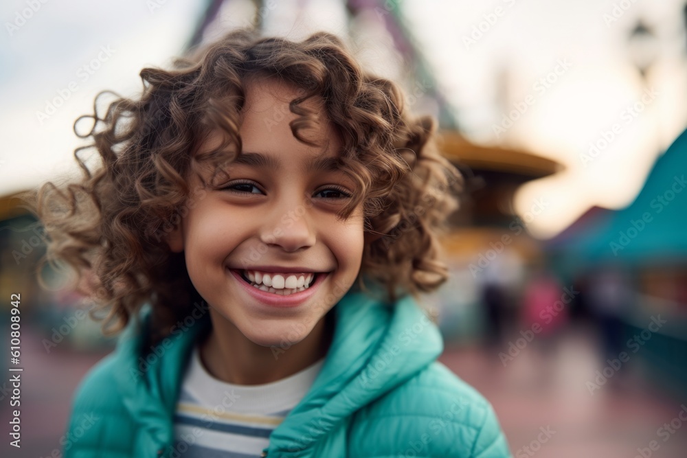 Portrait of a smiling little girl with curly hair in the amusement park Portrait of a smiling little girl with curly hair in the amusement park