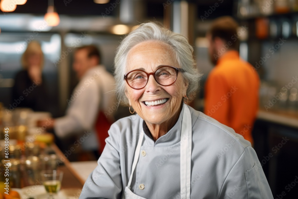 Portrait of smiling senior woman in apron standing at cafe counter Portrait of smiling senior woman in apron standing at cafe counter