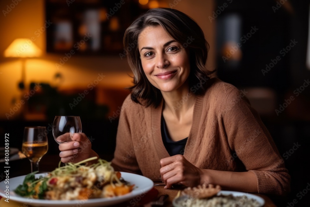 Portrait of smiling woman holding glass of wine while sitting at table in restaurant